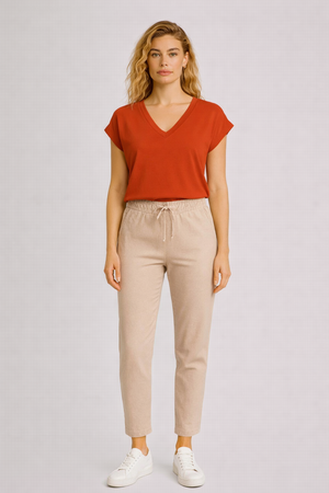 Kadın V Yaka Düşük Omuz Tişört %100 Pamuk - Kiremit