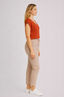 Kadın V Yaka Düşük Omuz Tişört %100 Pamuk - Kiremit