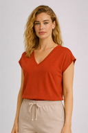 Kadın V Yaka Düşük Omuz Tişört %100 Pamuk - Kiremit