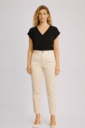 Kadın V Yaka Düşük Omuz Tişört %100 Pamuk - Siyah