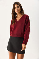 Kadın V Yakalı Kolu Düğme Detaylı Triko - Bordo