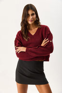 Kadın V Yakalı Kolu Düğme Detaylı Triko - Bordo