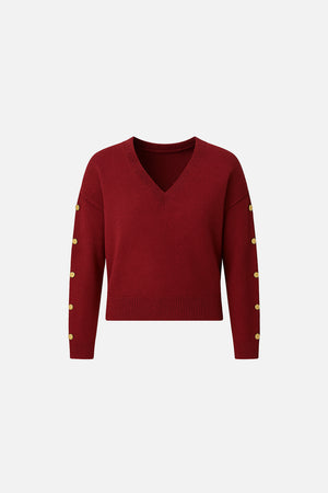 Kadın V Yakalı Kolu Düğme Detaylı Triko - Bordo