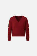 Kadın V Yakalı Kolu Düğme Detaylı Triko - Bordo