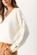 Kadın V Yakalı Kolu Düğme Detaylı Triko - Fildişi