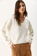 Kadın V Yakalı Kolu Düğme Detaylı Triko - Fildişi