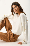 Kadın V Yakalı Kolu Düğme Detaylı Triko - Fildişi