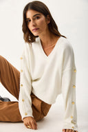 Kadın V Yakalı Kolu Düğme Detaylı Triko - Fildişi