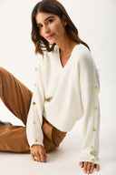 Kadın V Yakalı Kolu Düğme Detaylı Triko - Fildişi