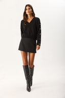 Kadın V Yakalı Kolu Düğme Detaylı Triko - Siyah