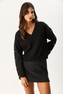 Kadın V Yakalı Kolu Düğme Detaylı Triko - Siyah