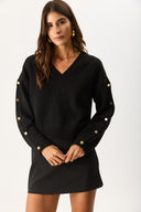 Kadın V Yakalı Kolu Düğme Detaylı Triko - Siyah