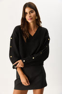 Kadın V Yakalı Kolu Düğme Detaylı Triko - Siyah