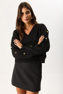 Kadın V Yakalı Kolu Düğme Detaylı Triko - Siyah