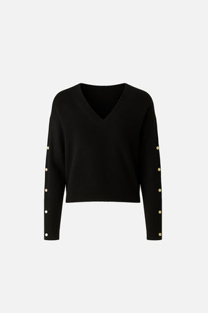Kadın V Yakalı Kolu Düğme Detaylı Triko - Siyah