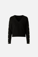 Kadın V Yakalı Kolu Düğme Detaylı Triko - Siyah