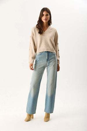 Kadın V Yakalı Kolu Düğme Detaylı Triko - Taba