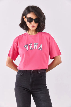 Kadın Vena Jeans Baskılı Bisiklet Yaka Regular Fit Tişört %100 Pamuk - Fuşya