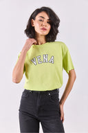 Kadın Vena Jeans Baskılı Bisiklet Yaka Regular Fit Tişört %100 Pamuk - Lime