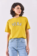 Kadın Vena Jeans Baskılı Bisiklet Yaka Regular Fit Tişört %100 Pamuk - Sarı