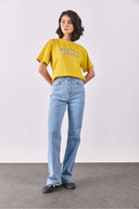 Kadın Vena Jeans Baskılı Bisiklet Yaka Regular Fit Tişört %100 Pamuk - Sarı