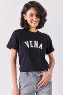 Vena Jeans Baskılı Bisiklet Yaka Regular Fit Tişört-Siyah