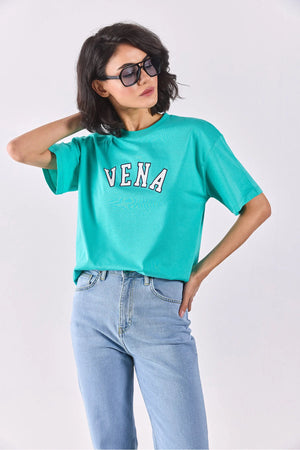Vena Jeans Baskılı Bisiklet Yaka Regular Fit Tişört-Turkuaz