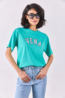 Vena Jeans Baskılı Bisiklet Yaka Regular Fit Tişört-Turkuaz