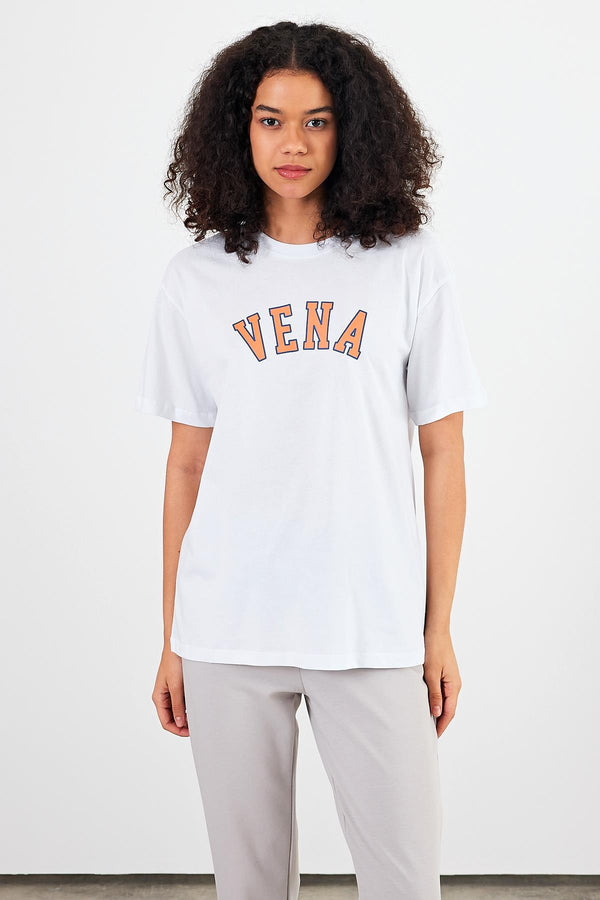 Kadın Vena Jeans Beyaz Baskılı Bisiklet Yaka Regular Fit Tişört