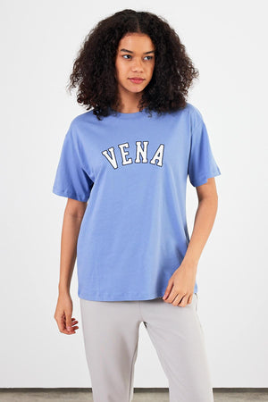 Kadın Vena Jeans Gök Mavisi Baskılı Bisiklet Yaka Regular Fit Tişört