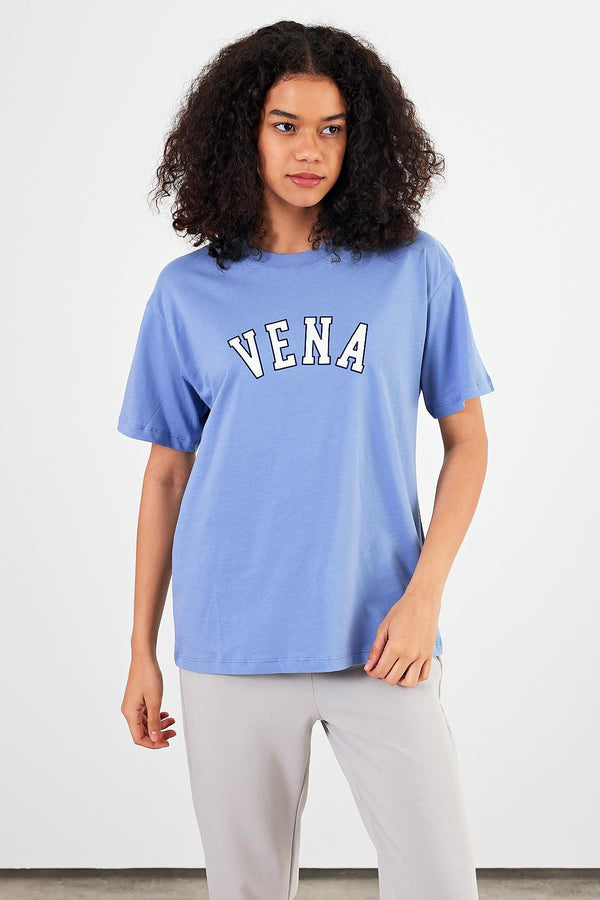 Kadın Vena Jeans Gök Mavisi Baskılı Bisiklet Yaka Regular Fit Tişört