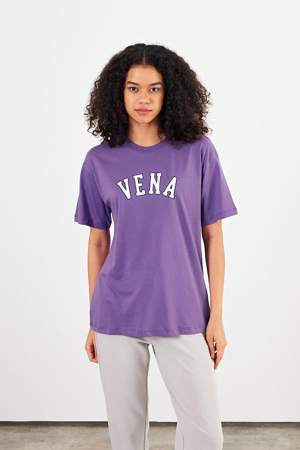 Kadın Vena Jeans Mor Baskılı Bisiklet Yaka Regular Fit Tişört