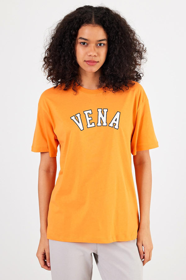 Kadın Vena Jeans Turuncu Baskılı Bisiklet Yaka Regular Fit Tişört