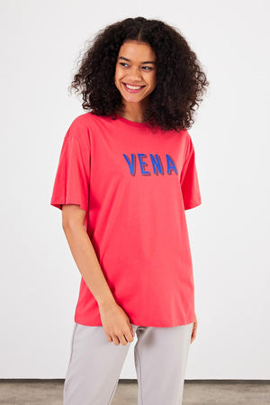 Kadın Vena Mercan Logo Baskılı Oversize Tişört