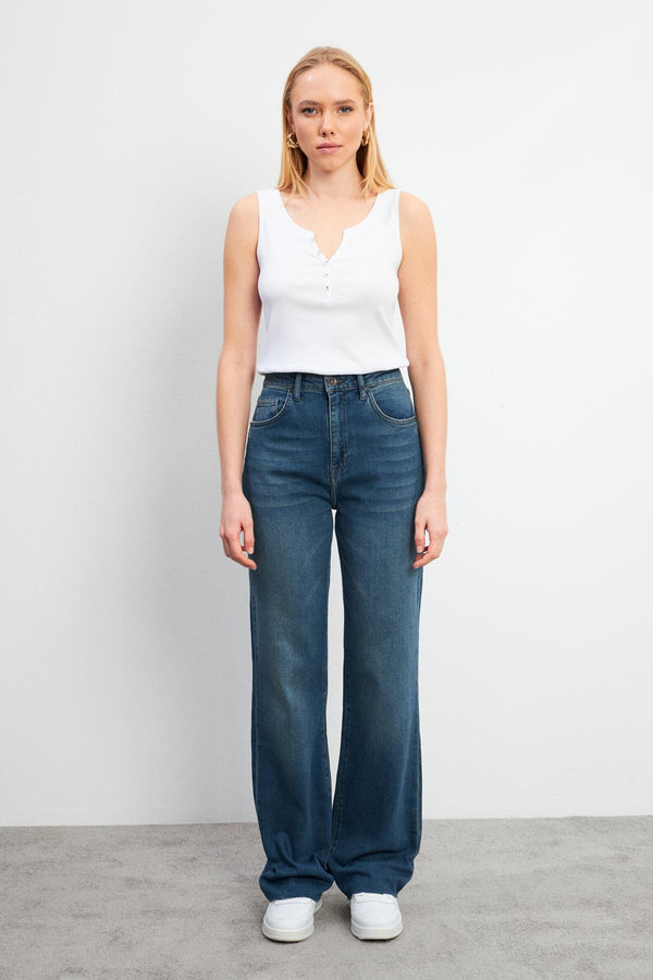 Kadın Wanda Vintage Dark Blue Wide Leg Jean Pantolon