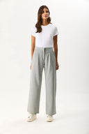 Kadın Wide Leg Gabardin Pantolon - Gri - Beyaz Çizgili