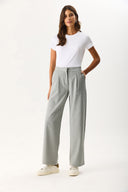 Kadın Wide Leg Gabardin Pantolon - Gri - Beyaz Çizgili