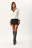 Kadın Yakası Kontrast Renkli Triko - Kemik - Siyah Çizgili