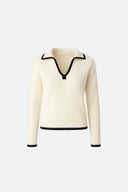 Kadın Yakası Kontrast Renkli Triko - Kemik - Siyah Çizgili