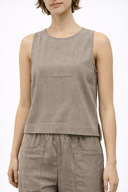 Kadın Yanı Yırtmaç Detaylı Çizgili Keten Bluz-Kahverengi Çizgili