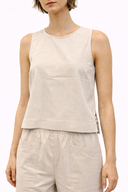 Kadın Yanı Yırtmaç Detaylı Çizgili Keten Bluz-Taş Çizgili