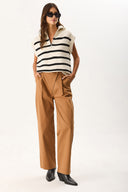 Kadın Yarım Fermuarlı Çizgili Triko Süveter - Ekru - Siyah Çizgili