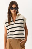 Kadın Yarım Fermuarlı Çizgili Triko Süveter - Ekru - Siyah Çizgili
