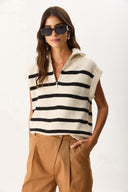 Kadın Yarım Fermuarlı Çizgili Triko Süveter - Ekru - Siyah Çizgili