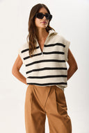 Kadın Yarım Fermuarlı Çizgili Triko Süveter - Ekru - Siyah Çizgili