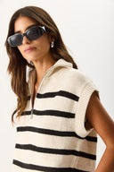 Kadın Yarım Fermuarlı Çizgili Triko Süveter - Ekru - Siyah Çizgili