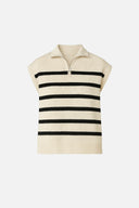 Kadın Yarım Fermuarlı Çizgili Triko Süveter - Ekru - Siyah Çizgili