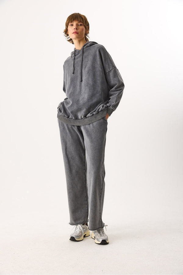 Kadın Kapüşonlu Regular Fit Yıkamalı Sweatshirt %100 Pamuk - Antrasit