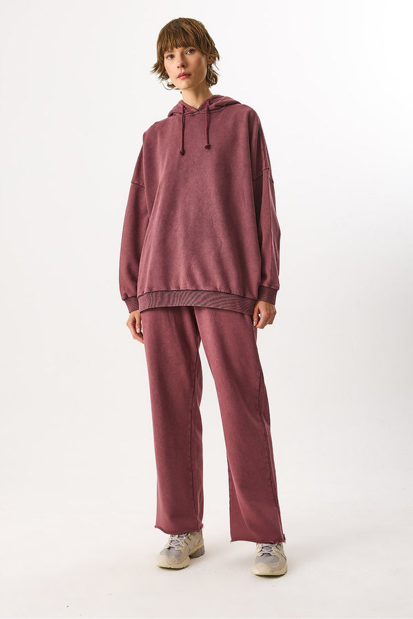 Kadın Kapüşonlu Regular Fit Yıkamalı Sweatshirt %100 Pamuk - Bordo
