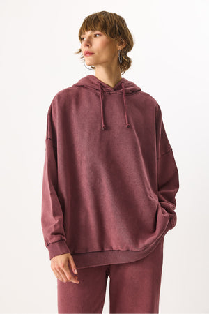 Kadın Kapüşonlu Regular Fit Yıkamalı Sweatshirt %100 Pamuk - Bordo